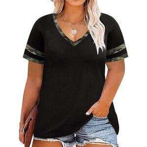 Plus Size Tops for Women Henley V Neck Short Sleeve Tunic Leopard Cheetah Color